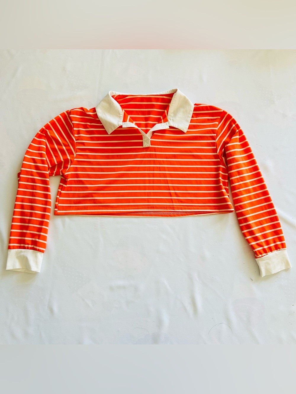 NWOT Sz Large Orange Creamsicle Striped Crop Top Long Sleeve Collared Garden